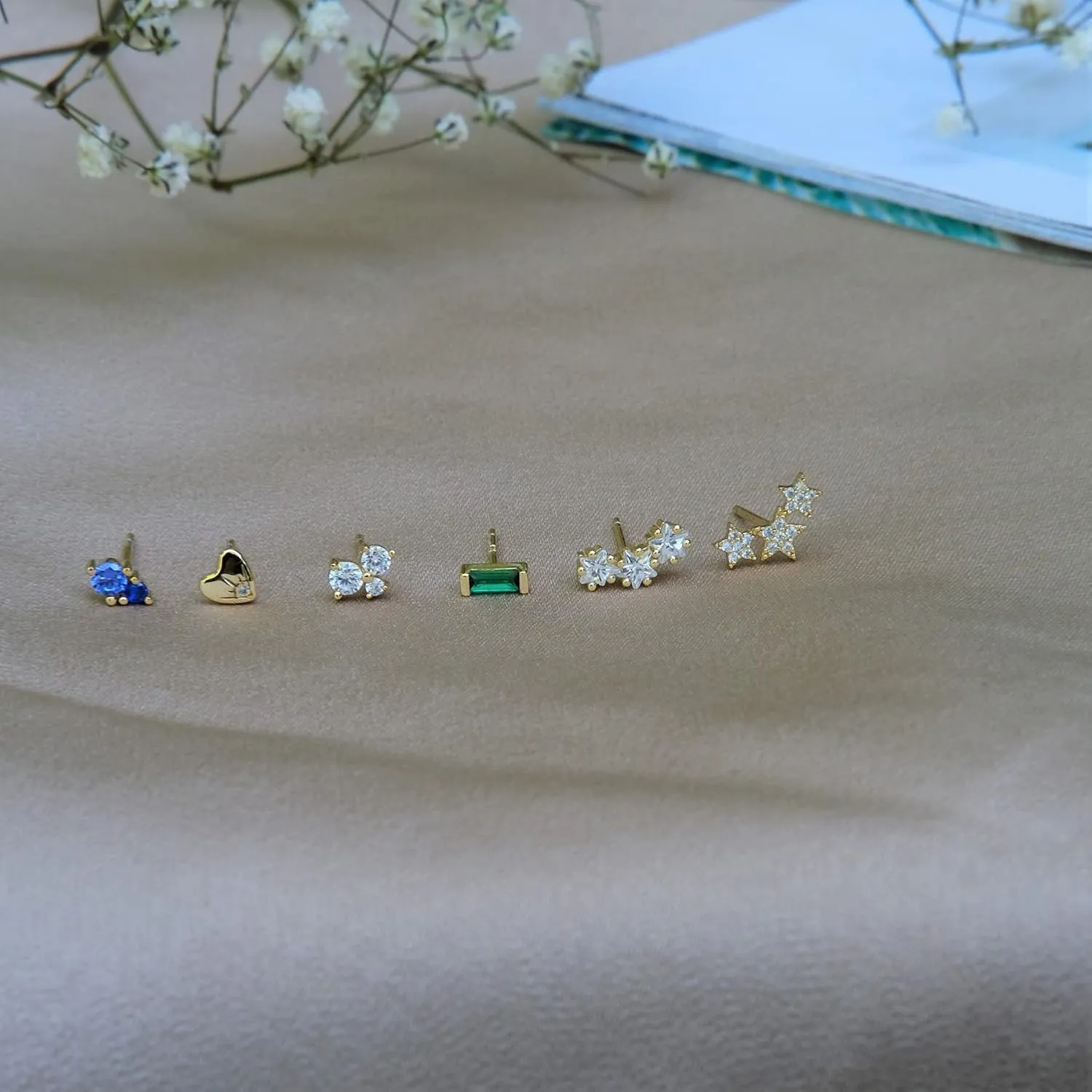 Sterling Silver Cubic Zirconia Ear Studs | Gold Stud Earrings with CZ | 18K Gold Plated Sterling Silver Earrings | Dainty Silver Three CZ Stud Earrings