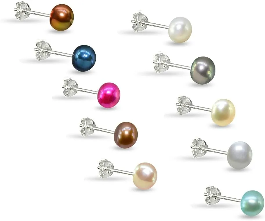 Sterling Silver Cultured Freshwater Pearl Button 5.5-6mm Stud Earrings, Color and Set Options
