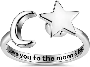 Sterling Silver Fidget Anxiety Ring for Women Adjustable Open Fidget Rings for Anxiety Fidget Relieving Stress Sunflower Moon Star Stackable Rings Jewelry