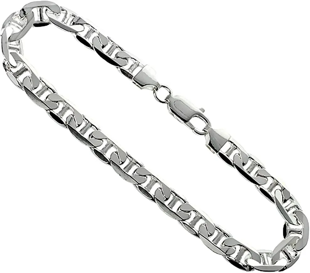 Sterling Silver Flat Mariner Link Chain Necklaces & Bracelets 7.2mm Nickel Free Italy sizes 7-30 inch