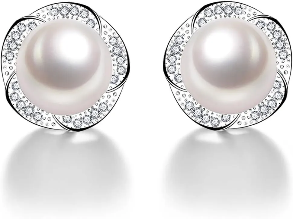 Sterling Silver Freshwater Cultured Pearl Pearl Earrings for Women White Cubic Zirconia Christmas Gifts for Mom Wife Girlfriend, Anniversary Birthday Jewelry Gifts for Her