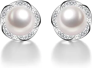 Sterling Silver Freshwater Cultured Pearl Pearl Earrings for Women White Cubic Zirconia Christmas Gifts for Mom Wife Girlfriend, Anniversary Birthday Jewelry Gifts for Her