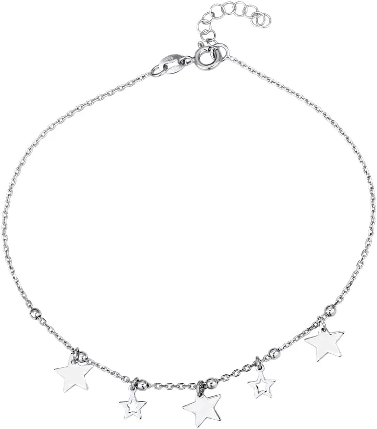 Sterling Silver Jewelry - Rhodium Plated with 925 Stamp - Big & Small Multi-Star Anklets - Elegant Handcrafted Foot Jewelry for Women - 9" long   1" extender