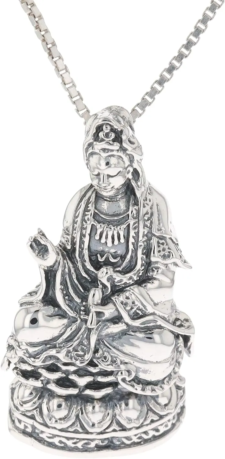 Sterling Silver Kwan Yin Buddha Goddess Lotus Flower Pendant Necklace 18"
