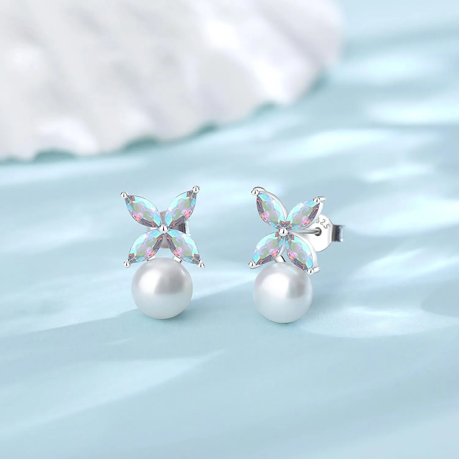 Sterling Silver Pearl Earrings for Women, Marquise Cubic Zirconia Clover Stud Earrings 18K White Gold Plated, 8.5MM Freshwater Cultured Pearls Jewelry Gifts Hypoallergenicty