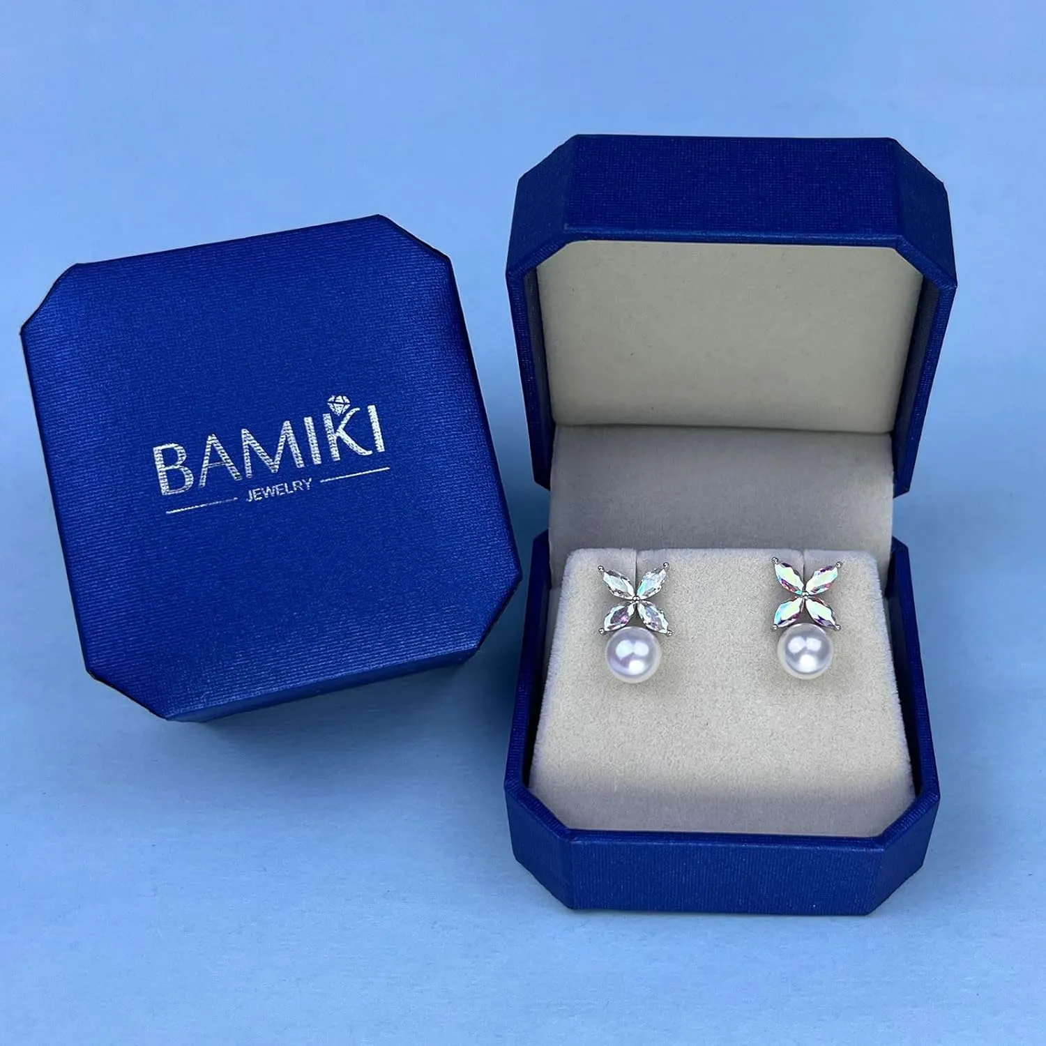 Sterling Silver Pearl Earrings for Women, Marquise Cubic Zirconia Clover Stud Earrings 18K White Gold Plated, 8.5MM Freshwater Cultured Pearls Jewelry Gifts Hypoallergenicty