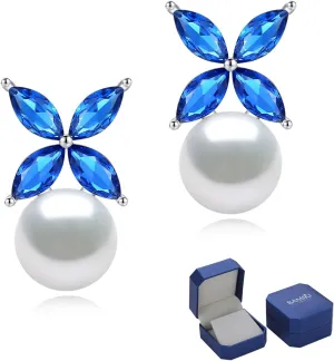Sterling Silver Pearl Earrings for Women, Marquise Cubic Zirconia Clover Stud Earrings 18K White Gold Plated, 8.5MM Freshwater Cultured Pearls Jewelry Gifts Hypoallergenicty