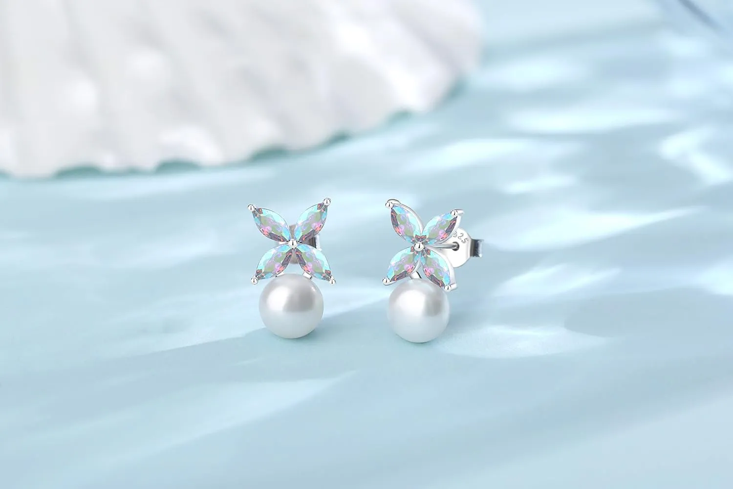 Sterling Silver Pearl Earrings for Women, Marquise Cubic Zirconia Clover Stud Earrings 18K White Gold Plated, 8.5MM Freshwater Cultured Pearls Jewelry Gifts Hypoallergenicty