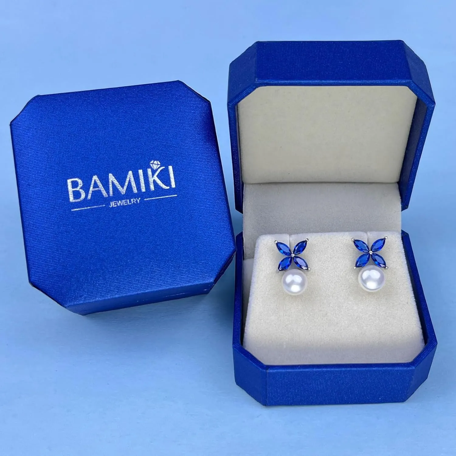 Sterling Silver Pearl Earrings for Women, Marquise Cubic Zirconia Clover Stud Earrings 18K White Gold Plated, 8.5MM Freshwater Cultured Pearls Jewelry Gifts Hypoallergenicty