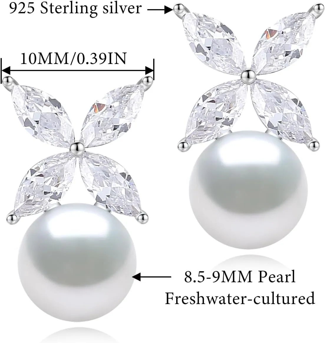 Sterling Silver Pearl Earrings for Women, Marquise Cubic Zirconia Clover Stud Earrings 18K White Gold Plated, 8.5MM Freshwater Cultured Pearls Jewelry Gifts Hypoallergenicty