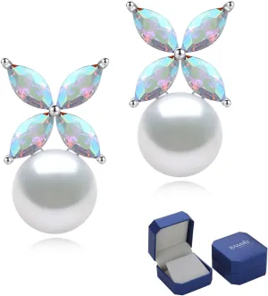 Sterling Silver Pearl Earrings for Women, Marquise Cubic Zirconia Clover Stud Earrings 18K White Gold Plated, 8.5MM Freshwater Cultured Pearls Jewelry Gifts Hypoallergenicty