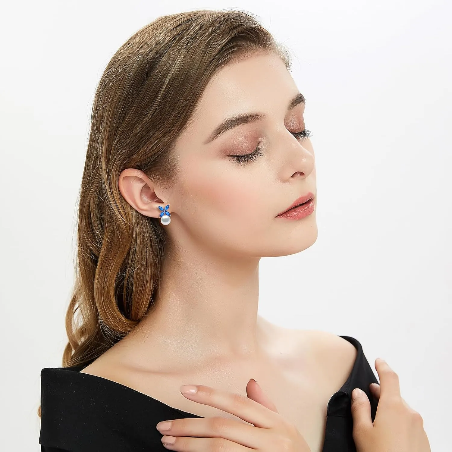 Sterling Silver Pearl Earrings for Women, Marquise Cubic Zirconia Clover Stud Earrings 18K White Gold Plated, 8.5MM Freshwater Cultured Pearls Jewelry Gifts Hypoallergenicty