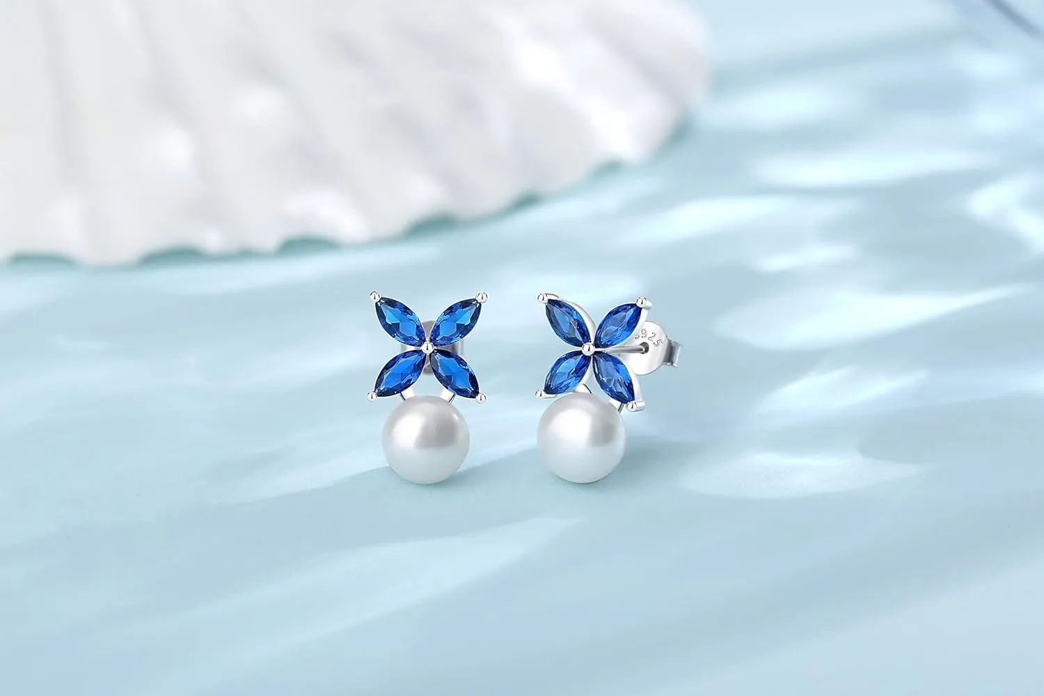 Sterling Silver Pearl Earrings for Women, Marquise Cubic Zirconia Clover Stud Earrings 18K White Gold Plated, 8.5MM Freshwater Cultured Pearls Jewelry Gifts Hypoallergenicty