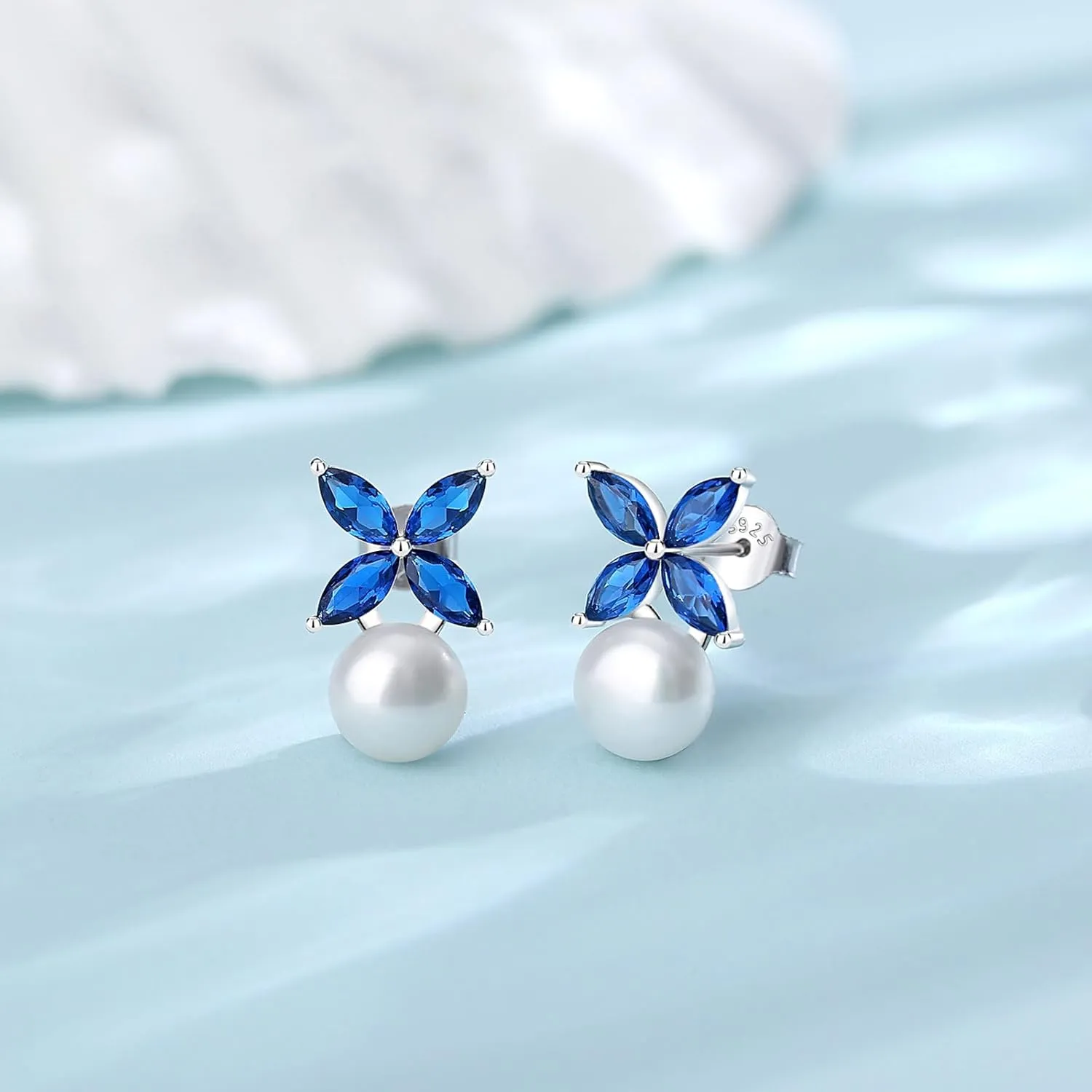 Sterling Silver Pearl Earrings for Women, Marquise Cubic Zirconia Clover Stud Earrings 18K White Gold Plated, 8.5MM Freshwater Cultured Pearls Jewelry Gifts Hypoallergenicty