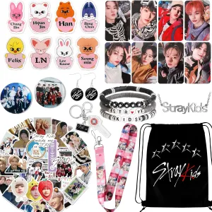 Stray Kids Set for Fans including 50 Stickers, 8 Cartoon Badges, 8 Photocards, 3 Design Bracelet, Necklace, Earrings, Keychain, Lanyards, SKZ's Gift Merchandise