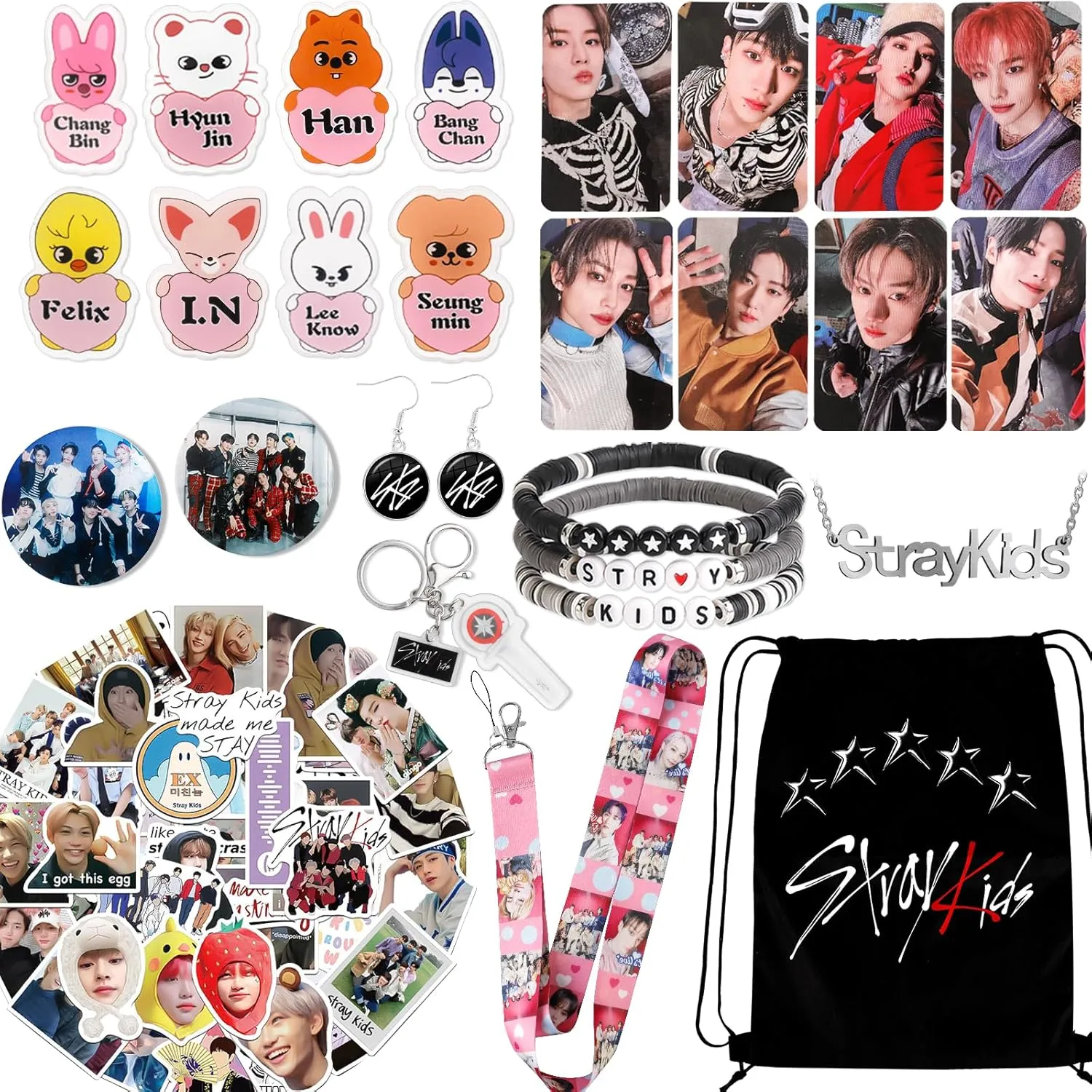 Stray Kids Set for Fans including 50 Stickers, 8 Cartoon Badges, 8 Photocards, 3 Design Bracelet, Necklace, Earrings, Keychain, Lanyards, SKZ's Gift Merchandise
