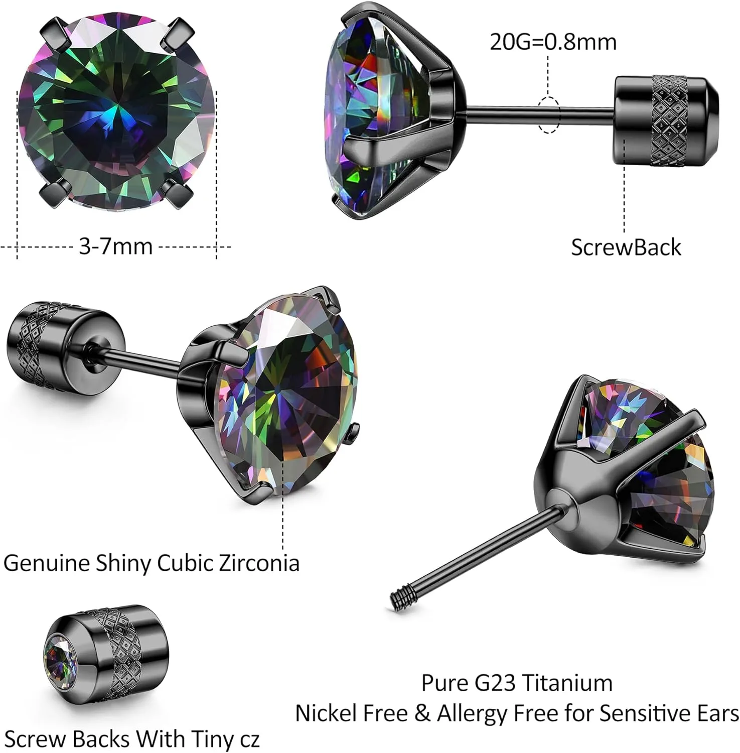 Subiceto Hypoallergenic G23 Implant Grade Titanium Screw Back Earrings 20G Pure Titanium Post for Sensitive Ears 5A Cubic Zirconia Titanium Earring Studs for Women Men Double Side Earrings Piercing Sleeper Studs Jewelry