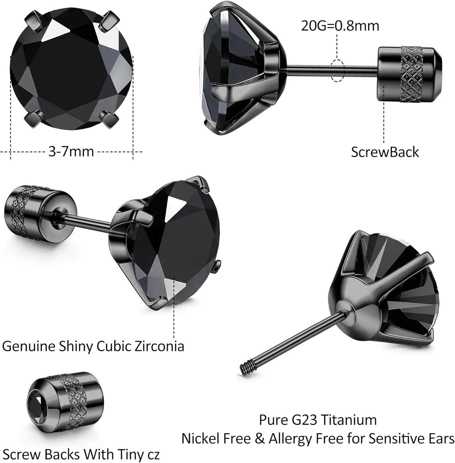 Subiceto Hypoallergenic G23 Implant Grade Titanium Screw Back Earrings 20G Pure Titanium Post for Sensitive Ears 5A Cubic Zirconia Titanium Earring Studs for Women Men Double Side Earrings Piercing Sleeper Studs Jewelry