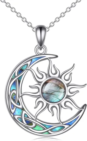 Sun and Moon Necklace for Women 925 Sterling Silver Celtic Crescent Moon Pendant Blue Opal/White Opal/Abelone Shell/Labradorite/Moonstone Jewelry Gift for Teen Girls