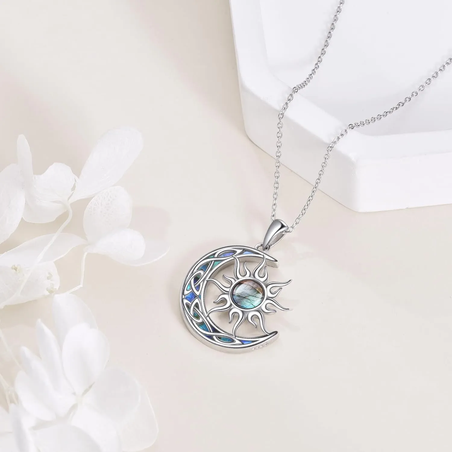 Sun and Moon Necklace for Women 925 Sterling Silver Celtic Crescent Moon Pendant Blue Opal/White Opal/Abelone Shell/Labradorite/Moonstone Jewelry Gift for Teen Girls