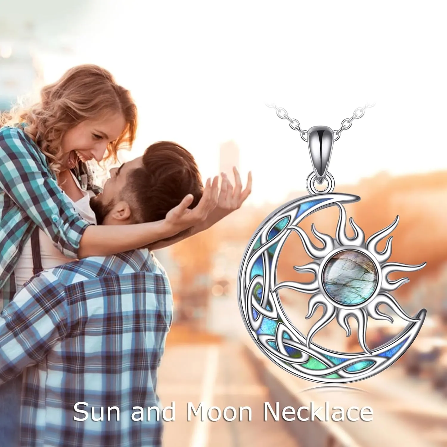 Sun and Moon Necklace for Women 925 Sterling Silver Celtic Crescent Moon Pendant Blue Opal/White Opal/Abelone Shell/Labradorite/Moonstone Jewelry Gift for Teen Girls