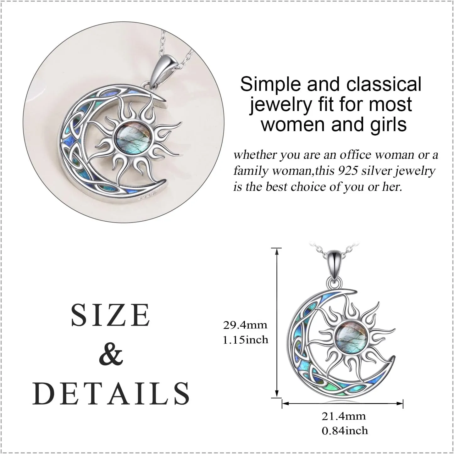 Sun and Moon Necklace for Women 925 Sterling Silver Celtic Crescent Moon Pendant Blue Opal/White Opal/Abelone Shell/Labradorite/Moonstone Jewelry Gift for Teen Girls