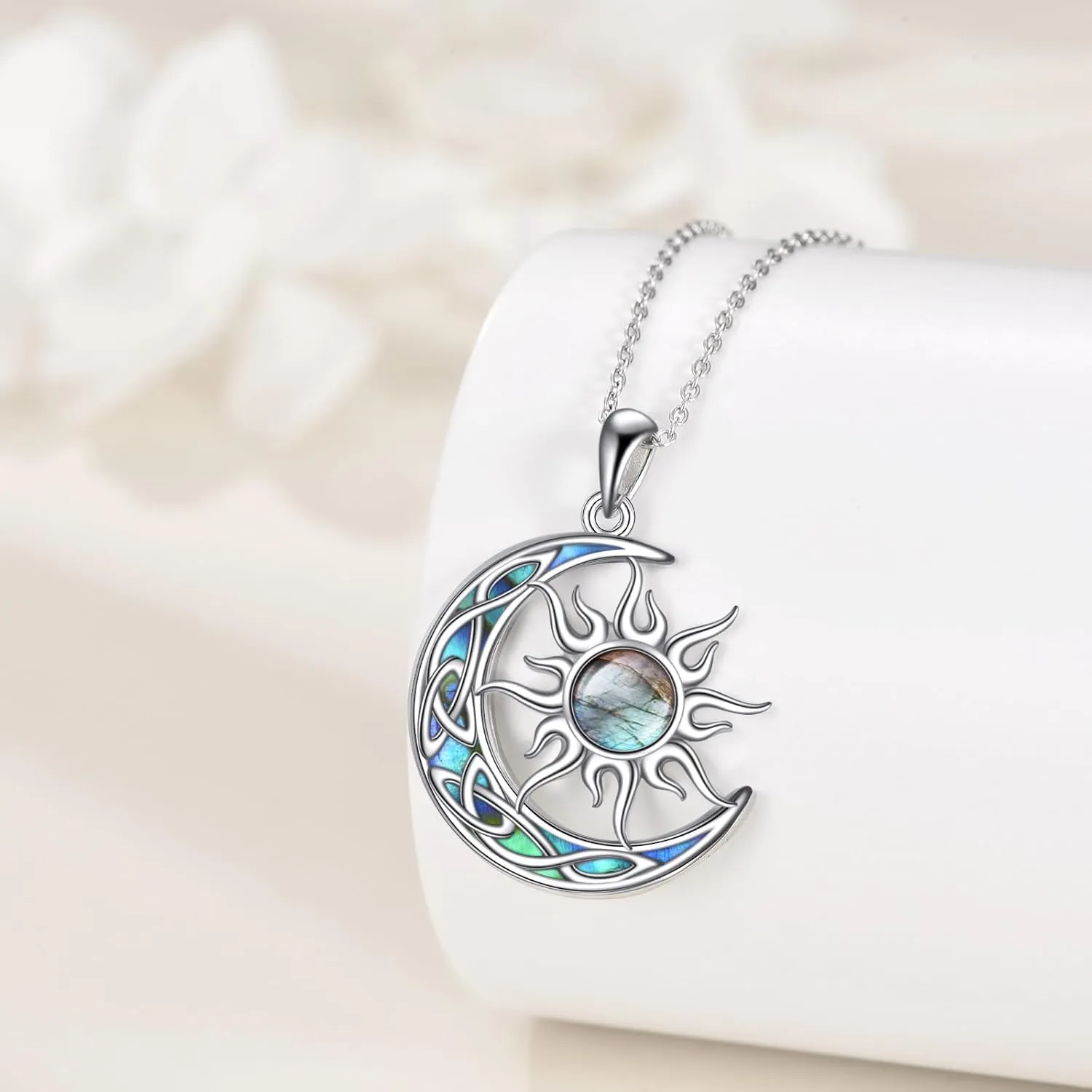 Sun and Moon Necklace for Women 925 Sterling Silver Celtic Crescent Moon Pendant Blue Opal/White Opal/Abelone Shell/Labradorite/Moonstone Jewelry Gift for Teen Girls