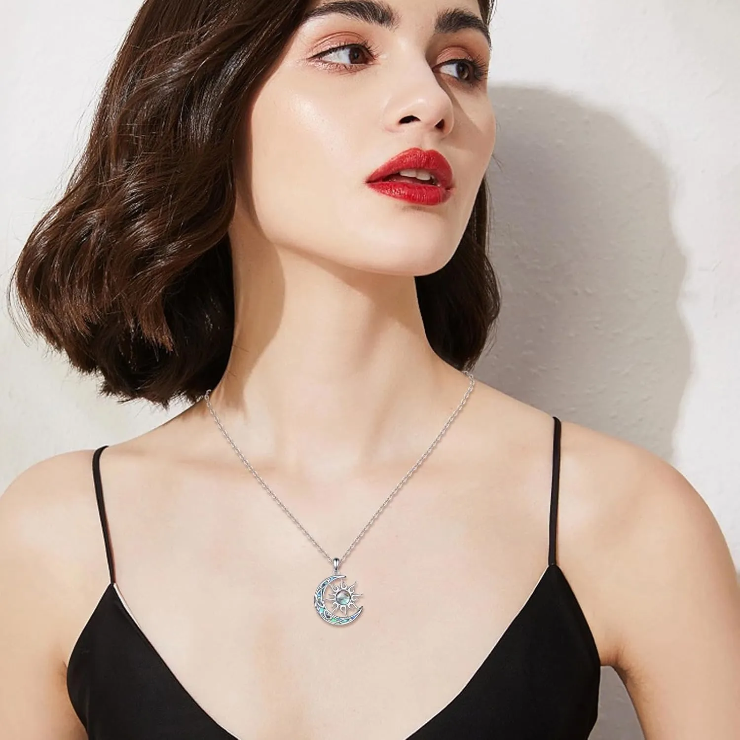 Sun and Moon Necklace for Women 925 Sterling Silver Celtic Crescent Moon Pendant Blue Opal/White Opal/Abelone Shell/Labradorite/Moonstone Jewelry Gift for Teen Girls