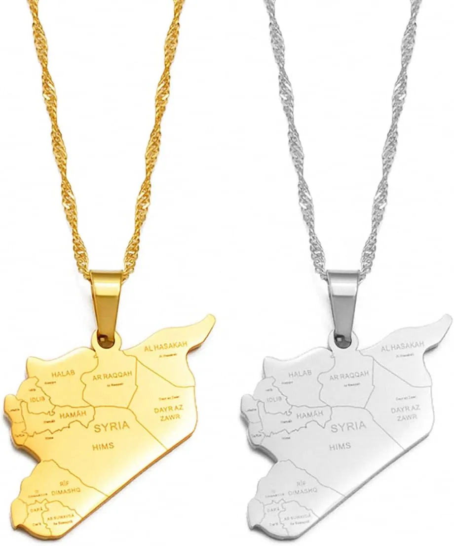 Syria Map With City Name Pendant Necklace Syria Stainless Steel Pendant Necklace