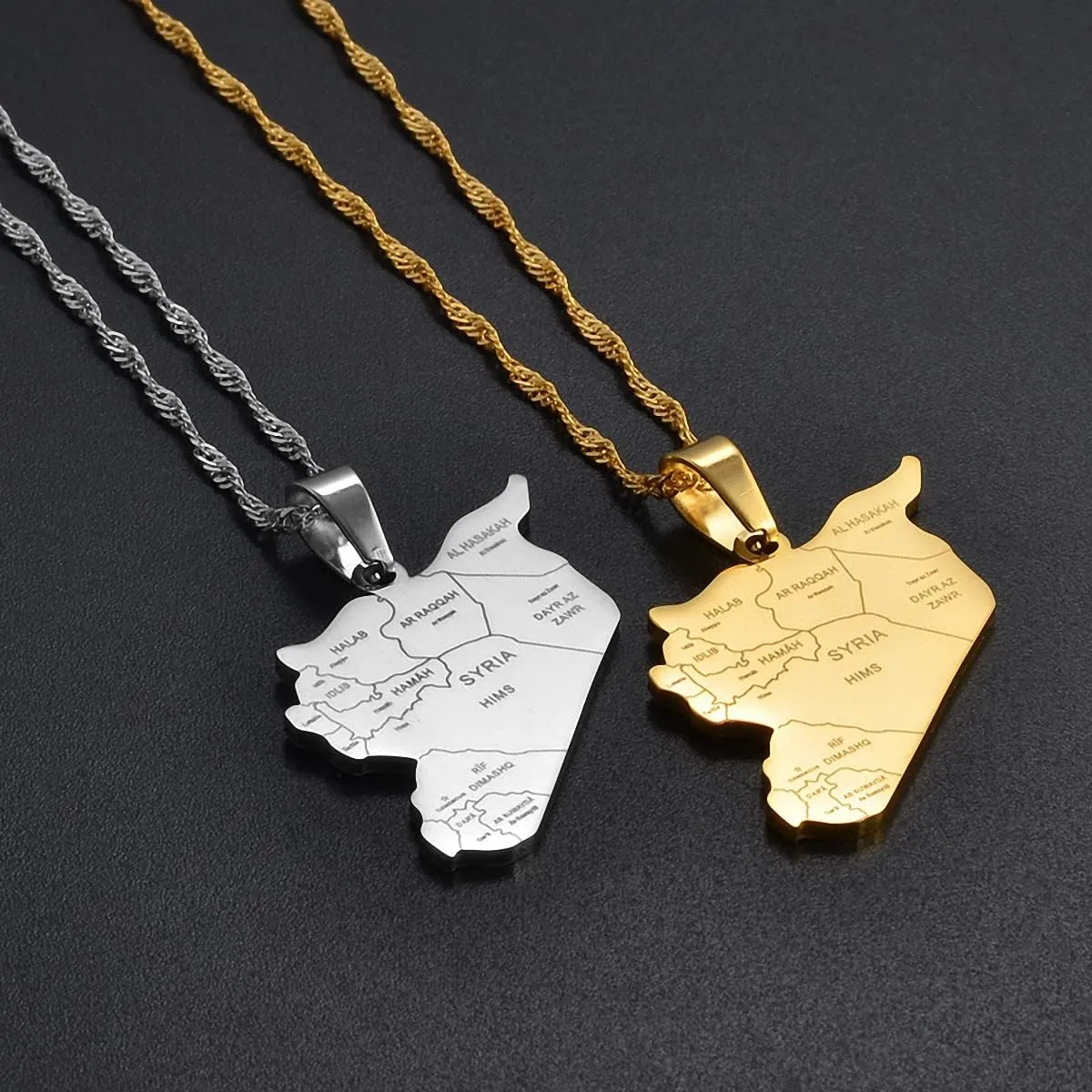 Syria Map With City Name Pendant Necklace Syria Stainless Steel Pendant Necklace