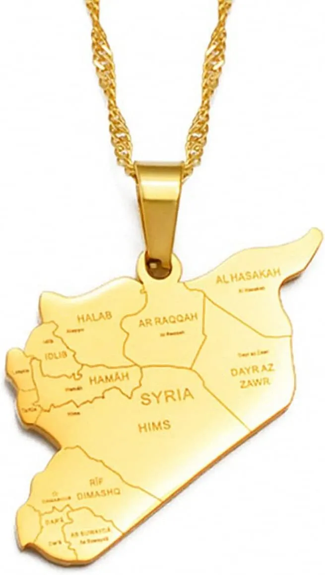 Syria Map With City Name Pendant Necklace Syria Stainless Steel Pendant Necklace