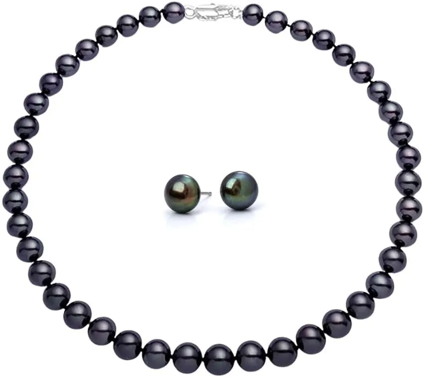 Tahitian Black Pearl Necklace & Earrings Set  Natural Saltwater Cultured Near-Round Pearls, Elegant Strand Necklace with Round Studs, 925 Sterling Silver Clasp  Luxury Jewelry Gift for Women