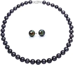 Tahitian Black Pearl Necklace & Earrings Set  Natural Saltwater Cultured Near-Round Pearls, Elegant Strand Necklace with Round Studs, 925 Sterling Silver Clasp  Luxury Jewelry Gift for Women