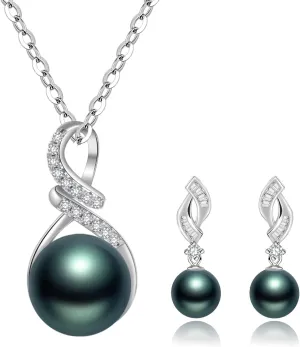 Tahitian Cultured Black Pearl Pendant Necklace and Earrings Set for Womens Round Black Pearls- Fine Jewelry Gifts for Women Wife Mom Girlfriend Mother