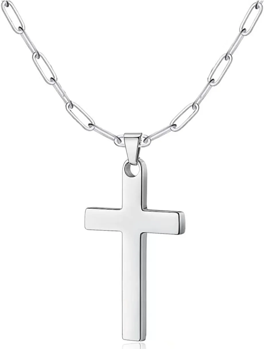 Tanyoyo Cross Necklace for Men Wemon, Mens Cross Necklaces with 3.0mm Paperclip Chain and Stainless Steel Cross Pendant, Box Chain 16-24 Inch