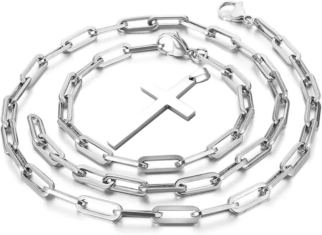 Tanyoyo Cross Necklace for Men Wemon, Mens Cross Necklaces with 3.0mm Paperclip Chain and Stainless Steel Cross Pendant, Box Chain 16-24 Inch