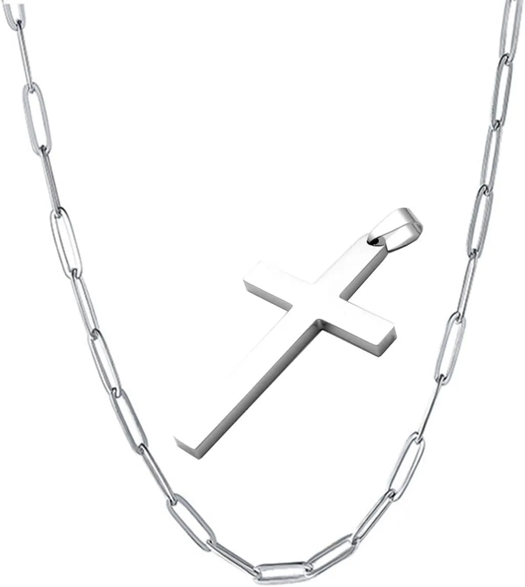 Tanyoyo Cross Necklace for Men Wemon, Mens Cross Necklaces with 3.0mm Paperclip Chain and Stainless Steel Cross Pendant, Box Chain 16-24 Inch