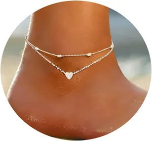 Tasiso 14K Gold Plated Layered Satellite Beads Heart Anklets Layering Rhinestone Cubic Zirconia Ankle Bracelets for Women Minimalist Summer Beach Foot Chain Ankle Jewelry for Her