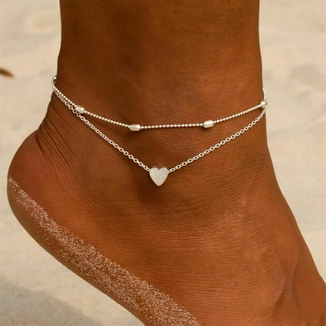 Tasiso 14K Gold Plated Layered Satellite Beads Heart Anklets Layering Rhinestone Cubic Zirconia Ankle Bracelets for Women Minimalist Summer Beach Foot Chain Ankle Jewelry for Her