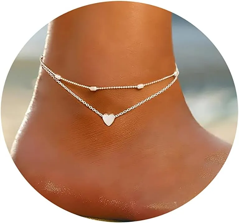 Tasiso 14K Gold Plated Layered Satellite Beads Heart Anklets Layering Rhinestone Cubic Zirconia Ankle Bracelets for Women Minimalist Summer Beach Foot Chain Ankle Jewelry for Her
