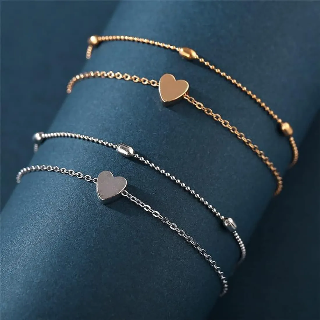 Tasiso 14K Gold Plated Layered Satellite Beads Heart Anklets Layering Rhinestone Cubic Zirconia Ankle Bracelets for Women Minimalist Summer Beach Foot Chain Ankle Jewelry for Her