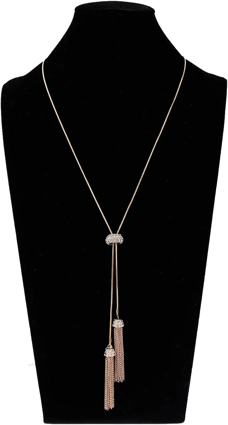 Tassel Pendant Lariat Y Necklace Long Snake Chain Necklaces with Adjustable Crystal Slider Ball