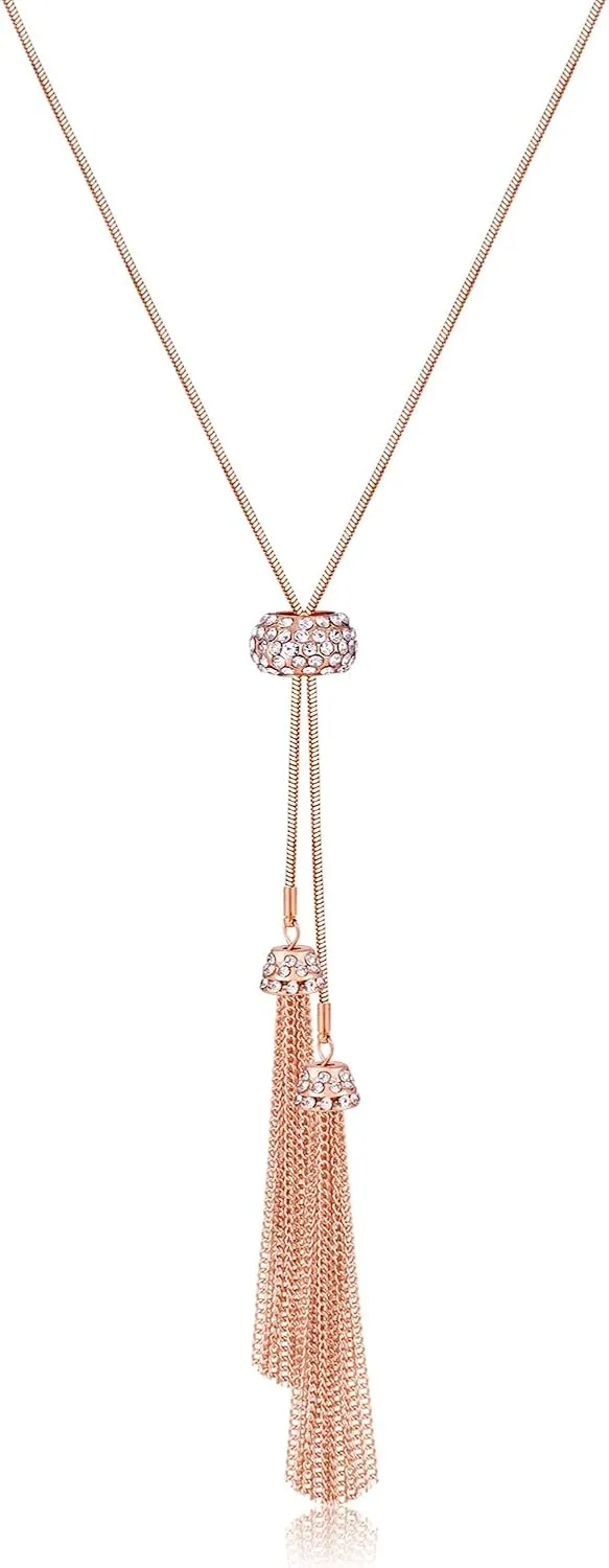 Tassel Pendant Lariat Y Necklace Long Snake Chain Necklaces with Adjustable Crystal Slider Ball