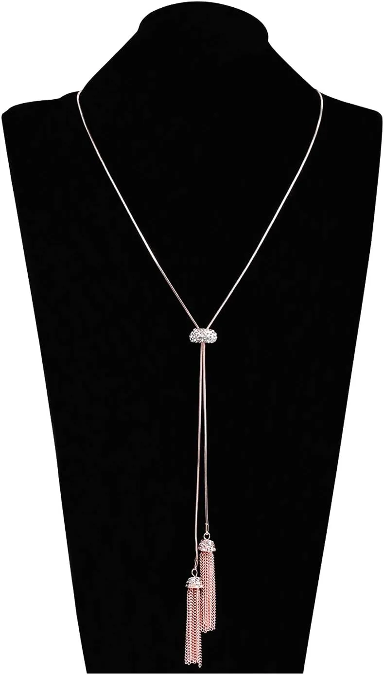 Tassel Pendant Lariat Y Necklace Long Snake Chain Necklaces with Adjustable Crystal Slider Ball