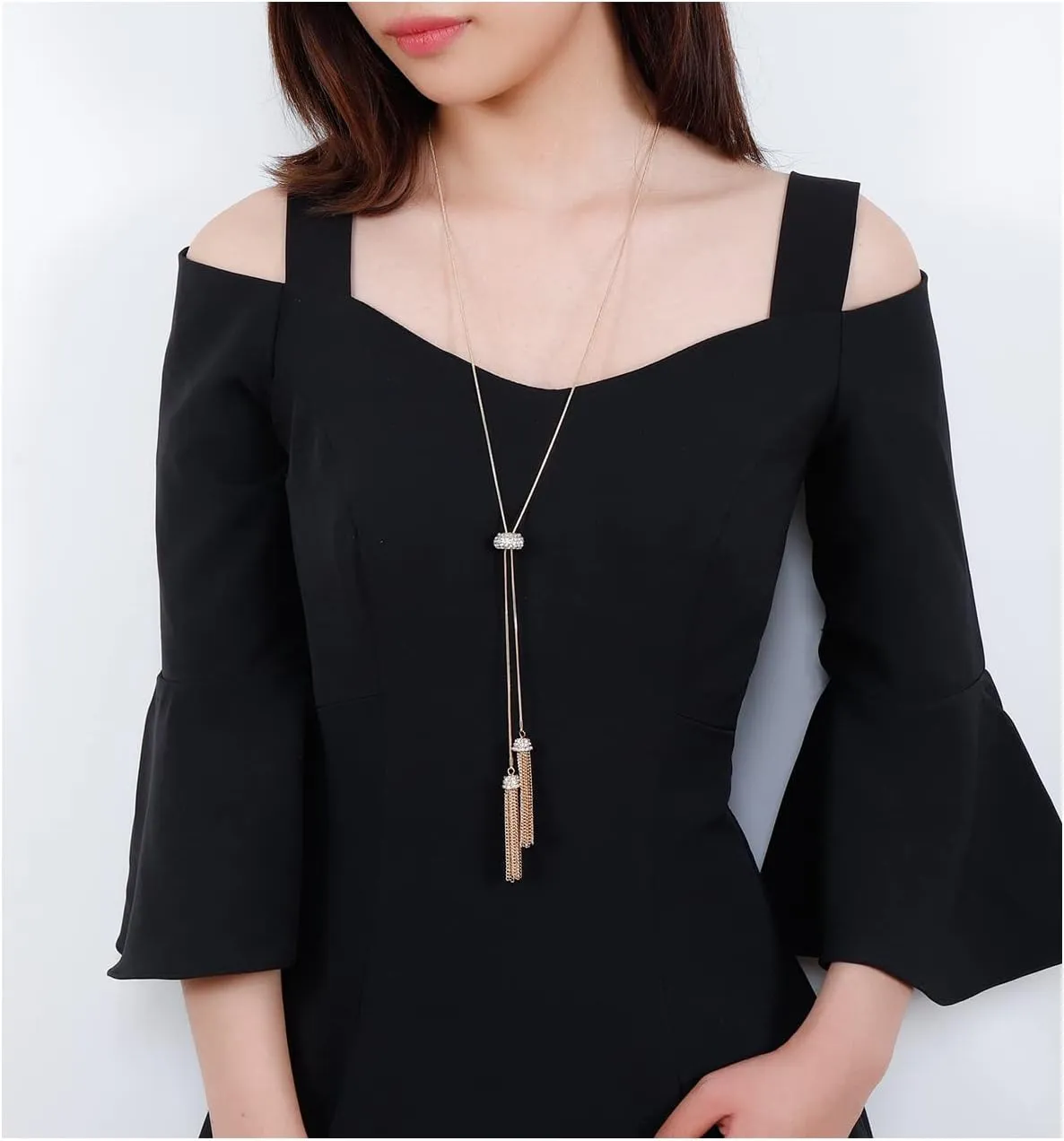 Tassel Pendant Lariat Y Necklace Long Snake Chain Necklaces with Adjustable Crystal Slider Ball