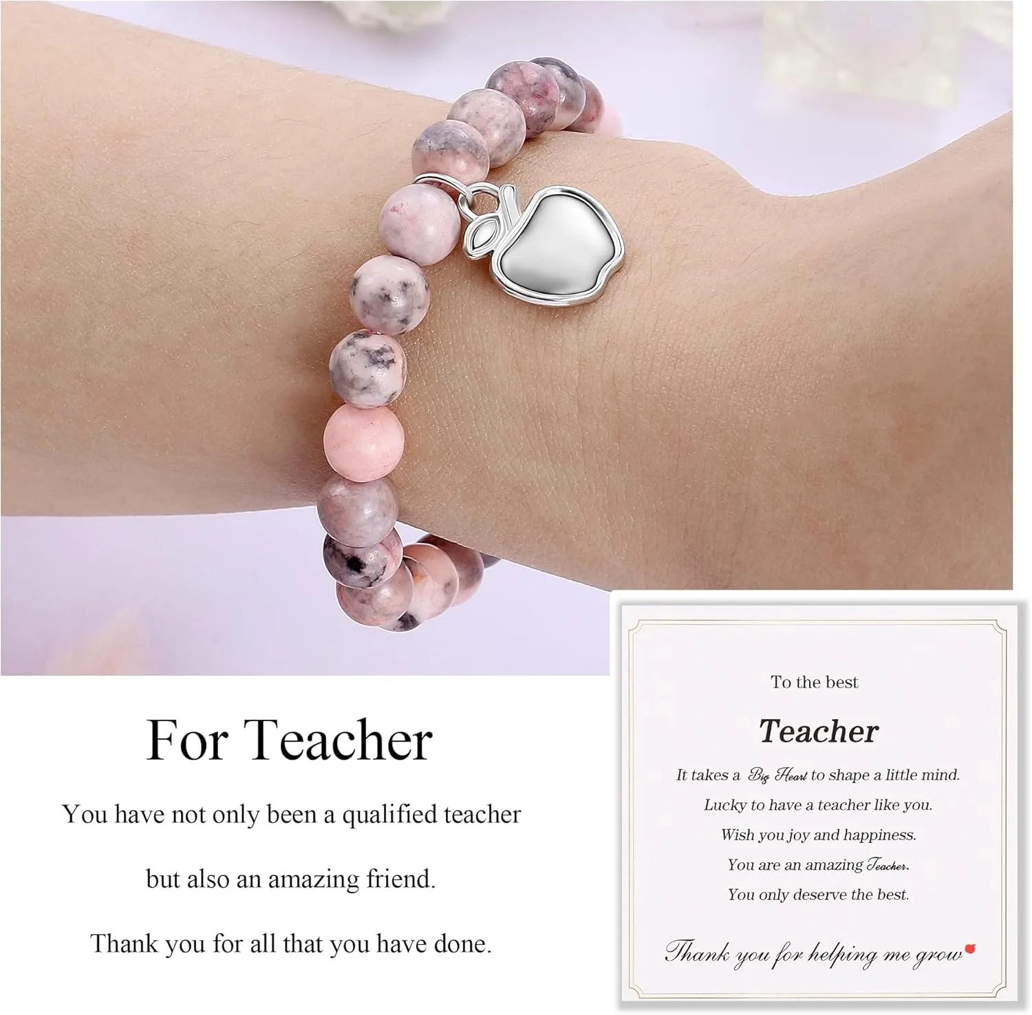Teacher Appreciation Gifts Bracelets, Teacher Valentine Gifts for Women Men, Stretch Beads Bracelet Jewelry with Gift Message Card