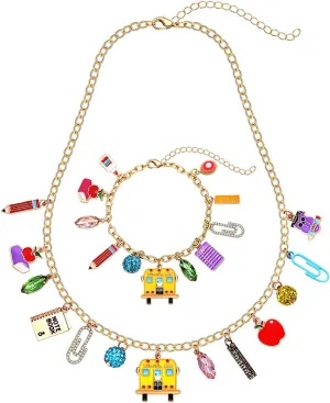 Teacher Necklace Bracelet Crystal School Charms Pendant Necklace Gold Chain Back to School Bracelet Necklace Jewelry Set Gifts