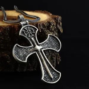 Templar Knights Sword 925 Sterling Silver Cross Pendant Necklace