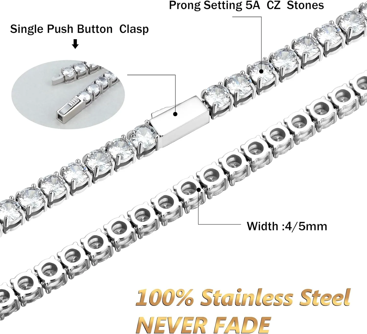 Tennis Necklace for Women and Men 4/ 5mm 1 Row Prong-Setting Stainless Steel Tennis Chain 5A  Cubic Zirconia Iced Out Chain Never Fade Diamond Necklace or Bracelet -with Gift Box