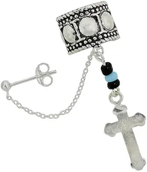 The New Sterling Silver Cross Ear Cuff Earring With Chain & Ball Stud (One Piece) Handcrafted, universal fit, vibrant enamel, secure artisan design SU033O00620